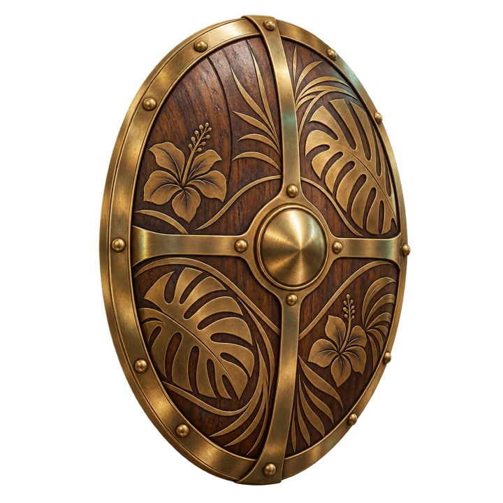 Bouclier tropical en bois et métal, symbole de protection.