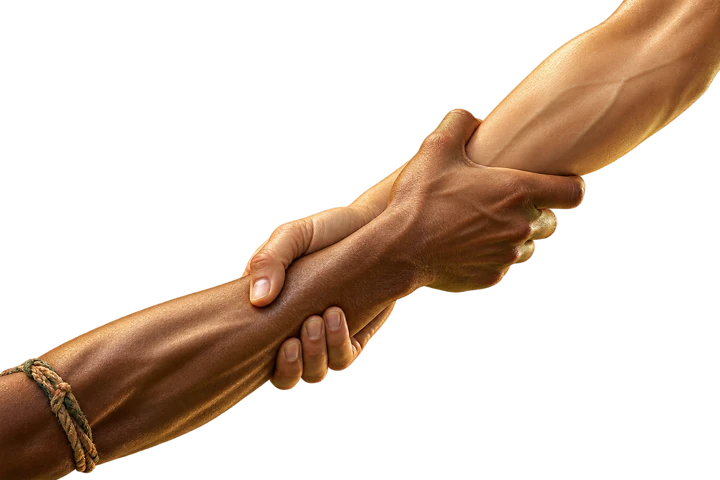 Deux mains se tenant fermement par les avant-bras, symbole de soutien.