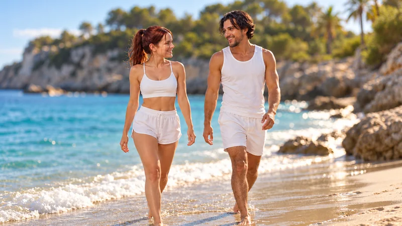 Charline et Sam marchant sur une plage de Majorque.